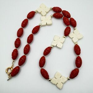 26" Revived! VTG cinnabar, possible carved bone necklace w/ gold tone‎ hardware!